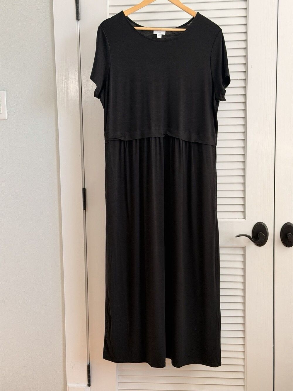 J.Jill Black Layered Look Maxi Dress Short Sleeve Size L Rayon Stretch